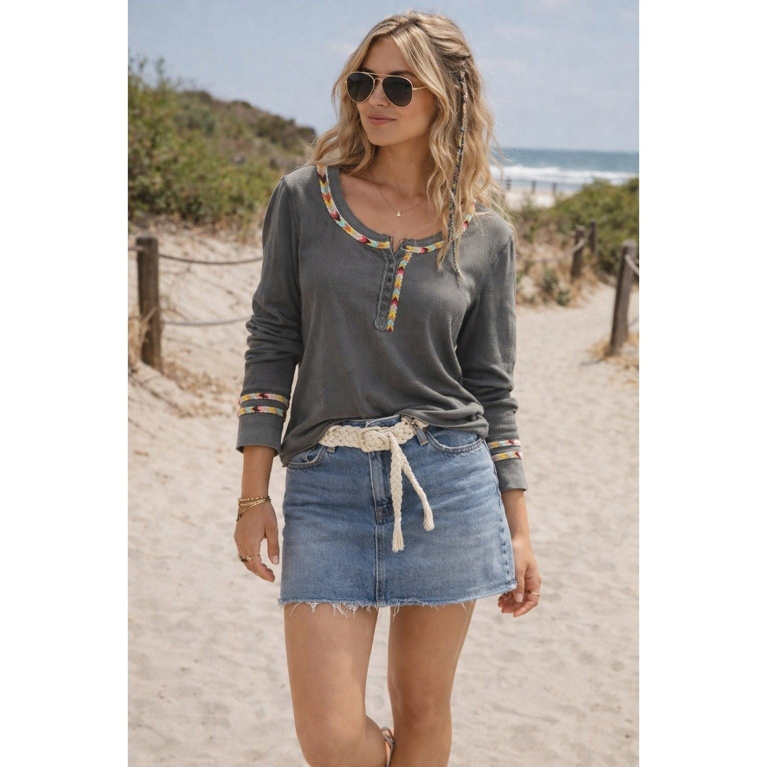 We The Free Gray Waffle Knit Top With Rainbow Embroidered Trim & Button (Sz.Sm)